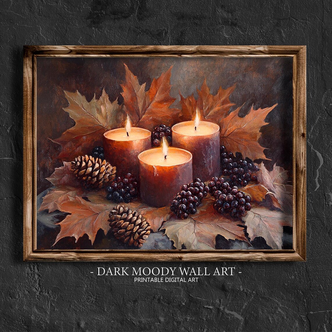 Three Glowing Candles With Autumn Leaves Pinecones Rustic Cozy Fall Poster