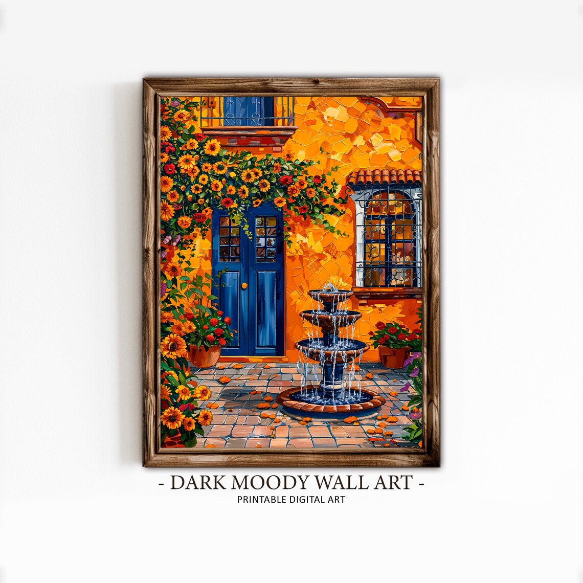 Golden Mexican Courtyard Fountain Blue Door Sunflowers Art Print