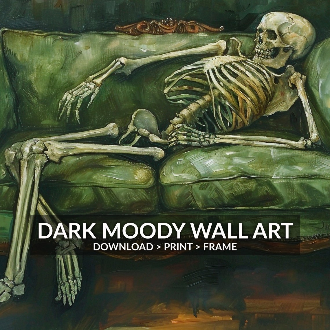Decadent Skeleton Lounging Green Velvet Sofa Dark Gothic Art Print - Image 6