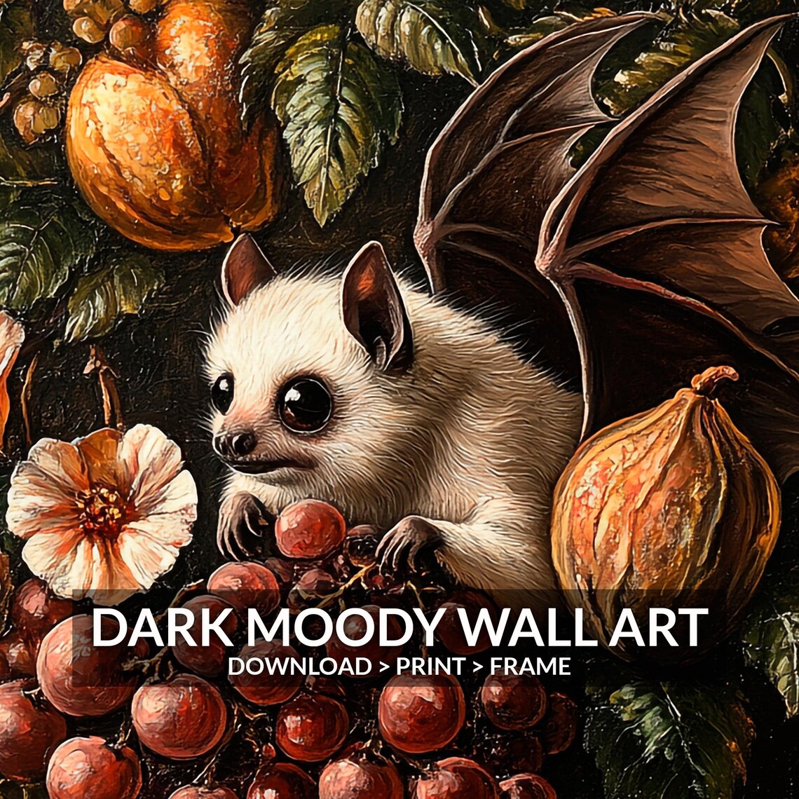 Albino Fruit Bat Gothic Botanical Dark Academia Oil Painting Poster - Image 6