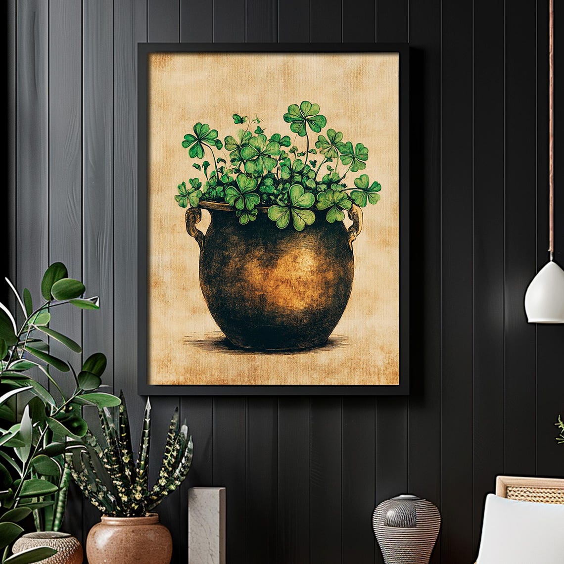 Shamrocks In Dark Urn Pot Vintage Irish Good Luck Clover Wall Art - Image 5