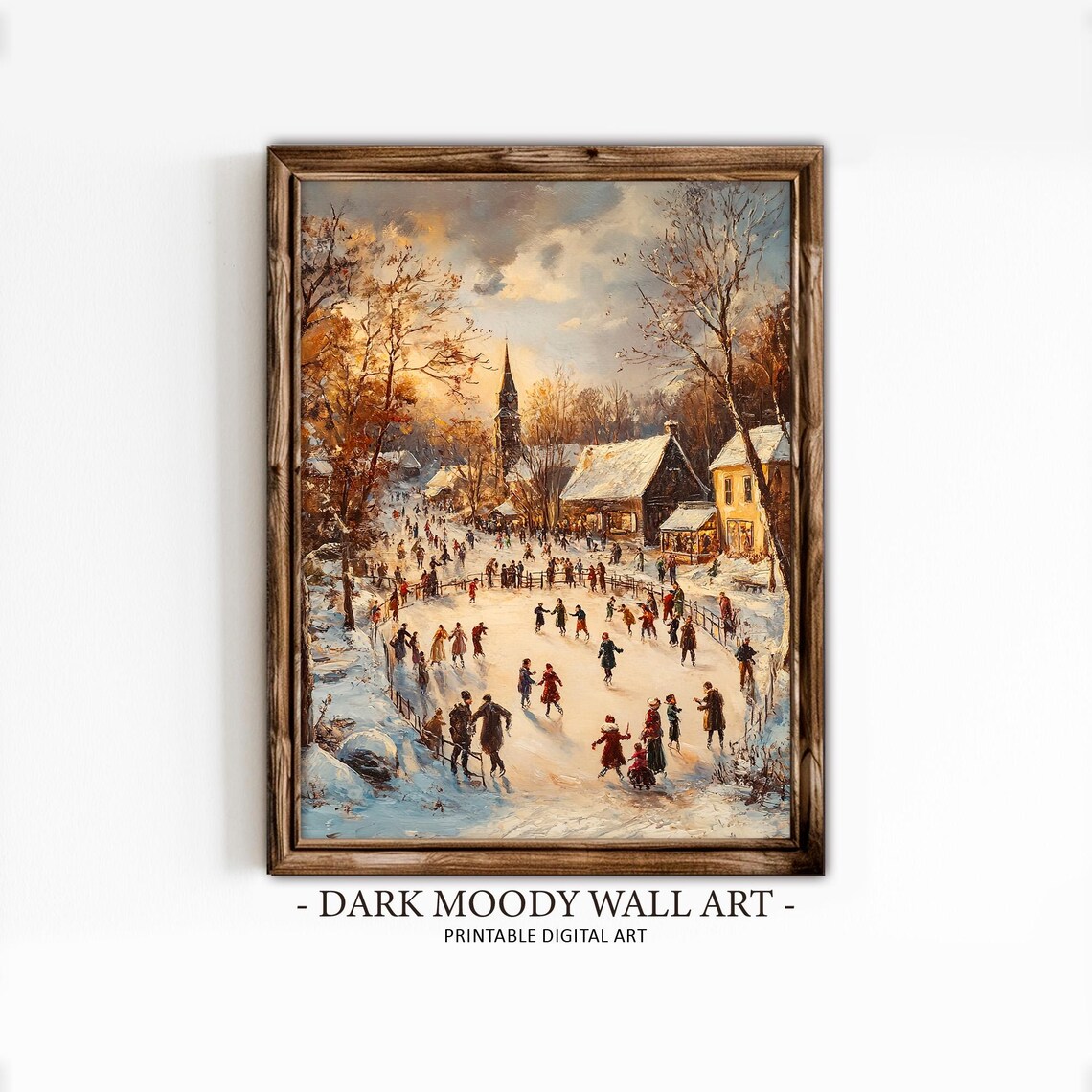 Ice Skaters on Frozen Village Pond Golden Winter Sunset Wall Art