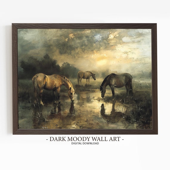 Horse Painting Horse Watering Hole Print Dark Moody Art Vintage Horse Print Wall Art