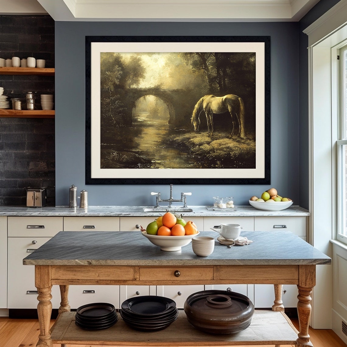 White Horse Drinking Stream Stone Bridge Moody Forest Poster - Image 2