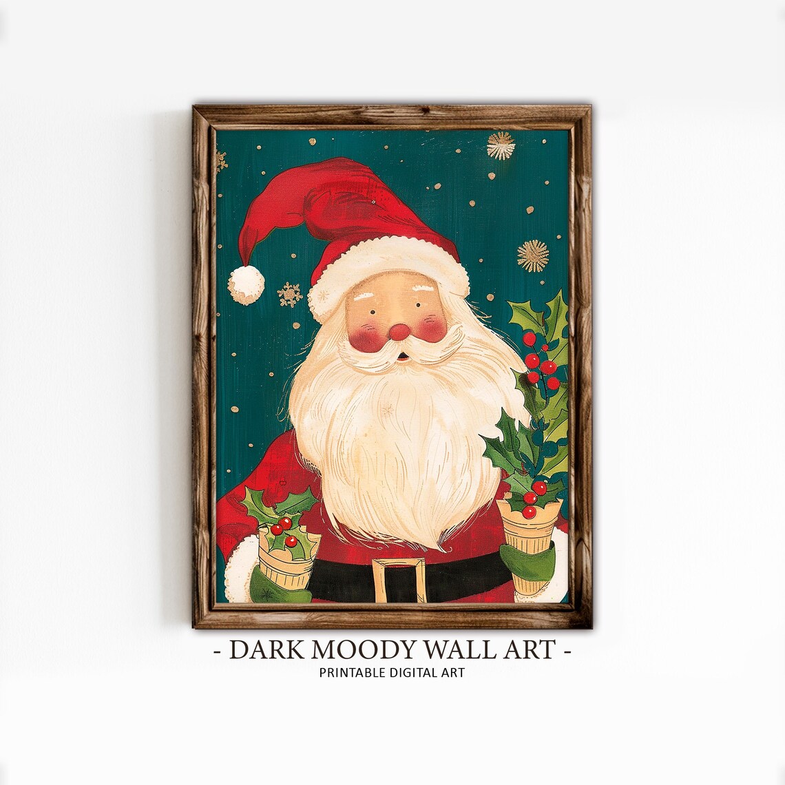 Cute Santa Holly Folk Art Christmas Painting Teal Background Poster