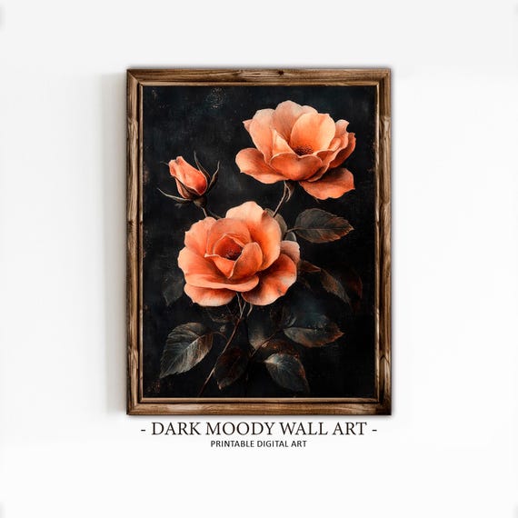 Vintage Moody Flower Print Antique Roses Wall Art Floral Dark Academia Decor