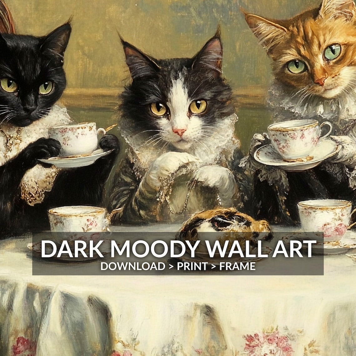 Tea Party Cat Painting, Vintage Cottagecore Decor - Image 6