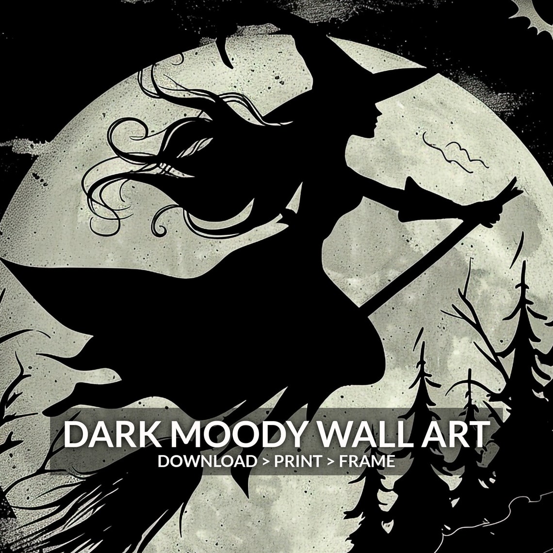 Witch Silhouette Flying Broom Full Moon Black Gothic Art Print - Image 6
