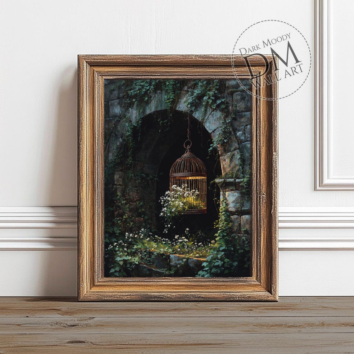 Rustic Birdcage With Flowers In Stone Archway Dark Moody Garden Poster