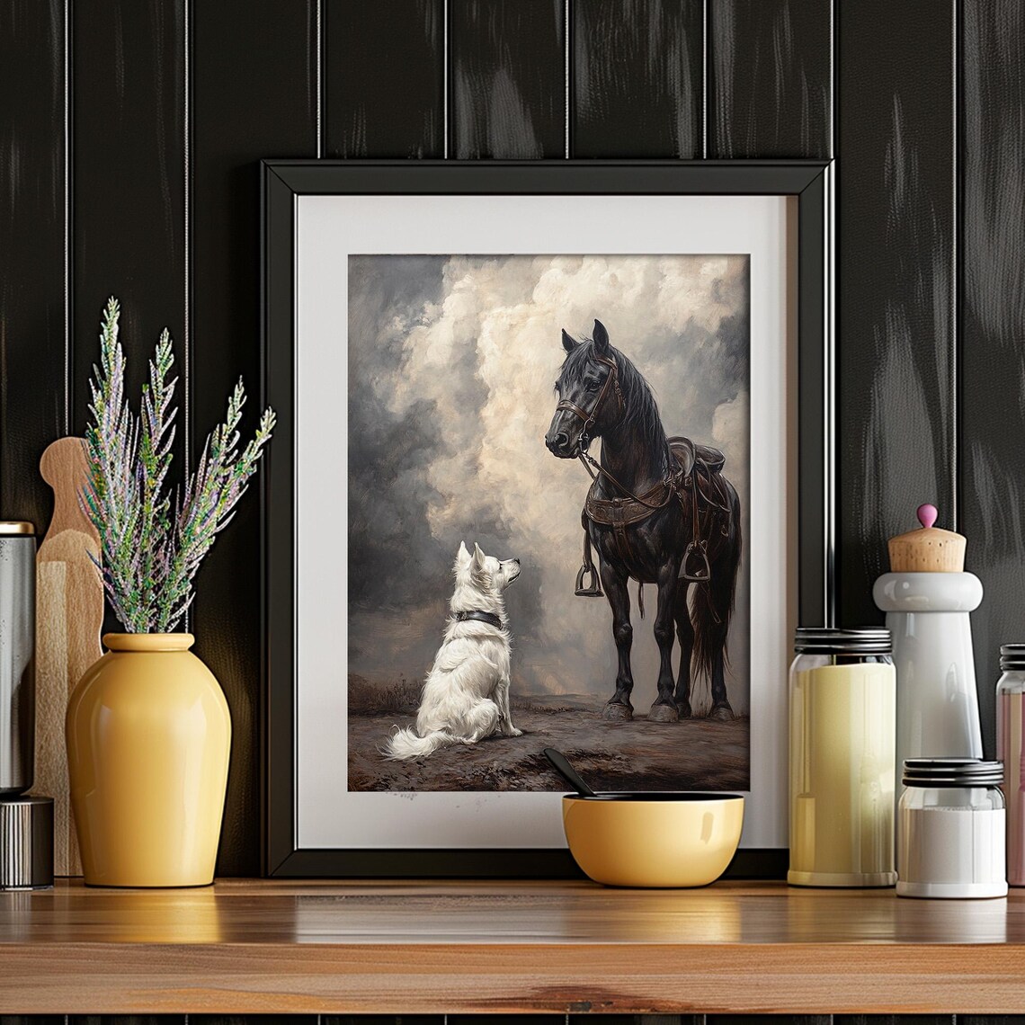 Black Horse And White Dog In Stormy Landscape Vintage Wall Art - Image 4