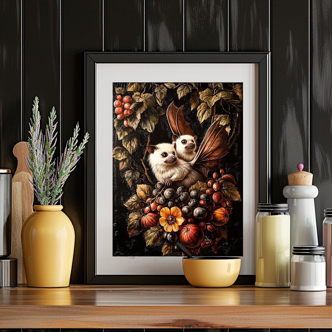 Two Cute White Bats Among Autumn Berries and Leaves Whimsical Fall Poster - Image 4