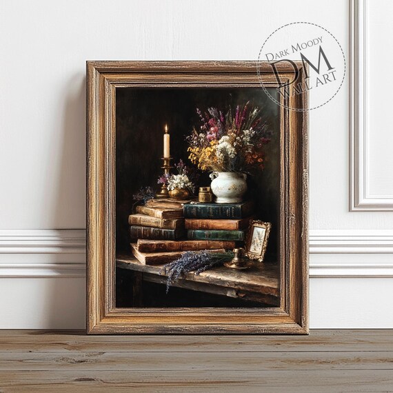 Books And Candle, Dark Academia Still Life Art Print