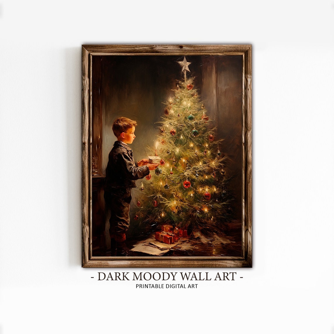Victorian Boy Decorating Christmas Tree Starry Night Art Print