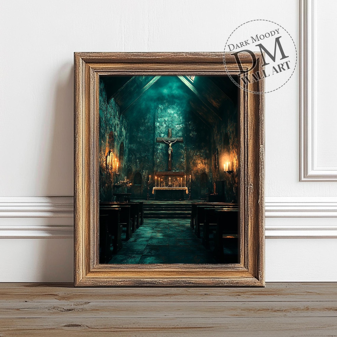 Dark Chapel Crucifix Candles Moody Gothic Church Interior Wall Art