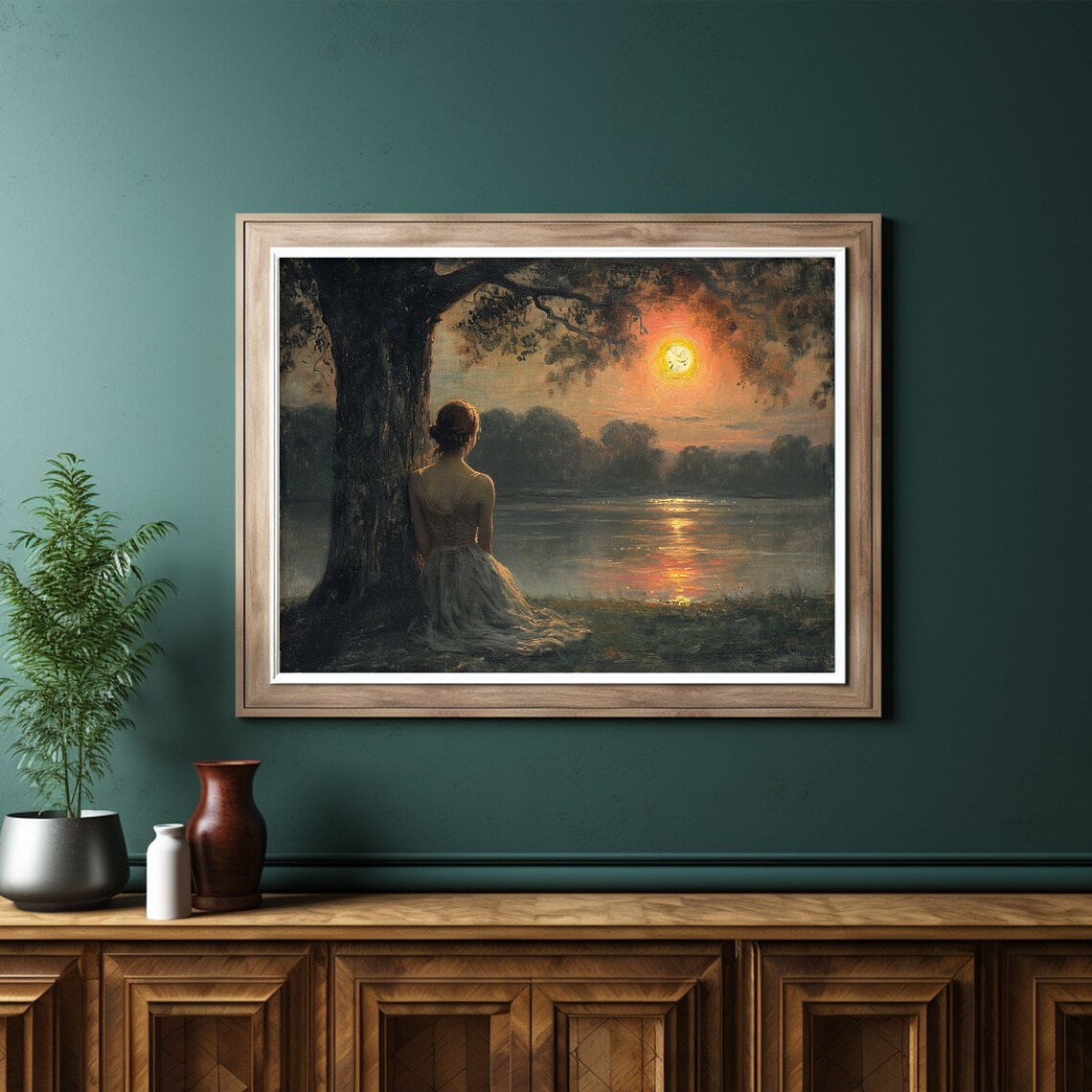 Woman By Lake Sunset Antique Painting Moody Romantic Scene Poster - Image 6
