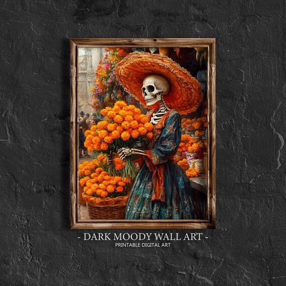 Day of the Dead Catrina Marigold Bouquet Flower Market Sugar Skull Portrait Poster