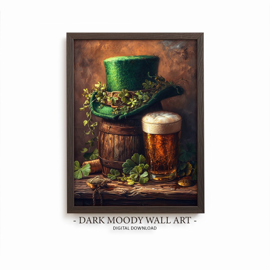 St Patricks Day Beer Print, Rustic Clover Art Print