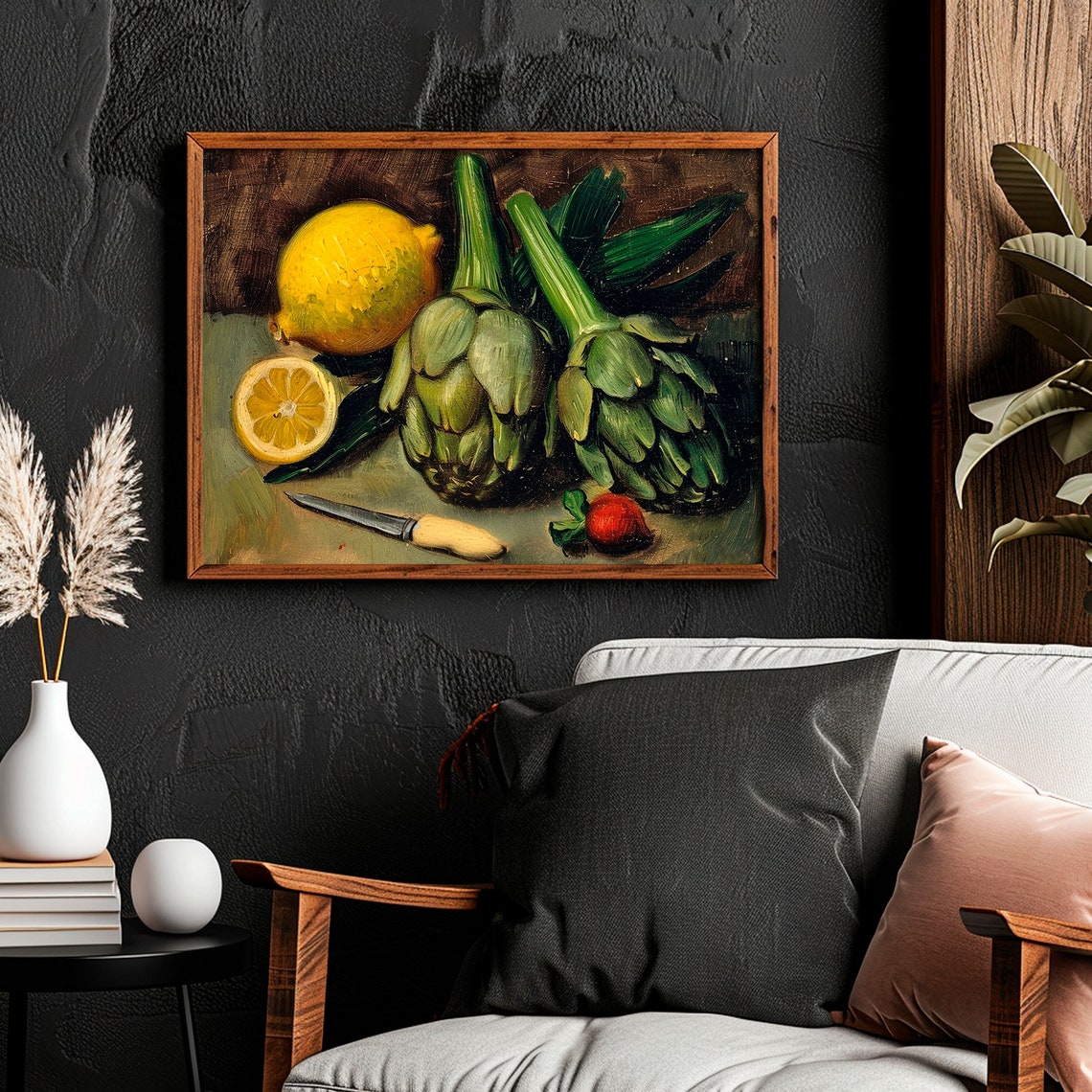 Moody Artichoke Lemon Print Kitchen Wall Decor Dark Still Life Painting Rustic Farmhouse Vegetable Wall Art - Image 4