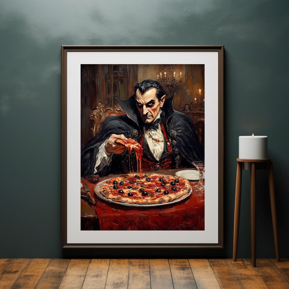 Dracula Vampire Eating Pizza Vintage Halloween Art Print - Image 2