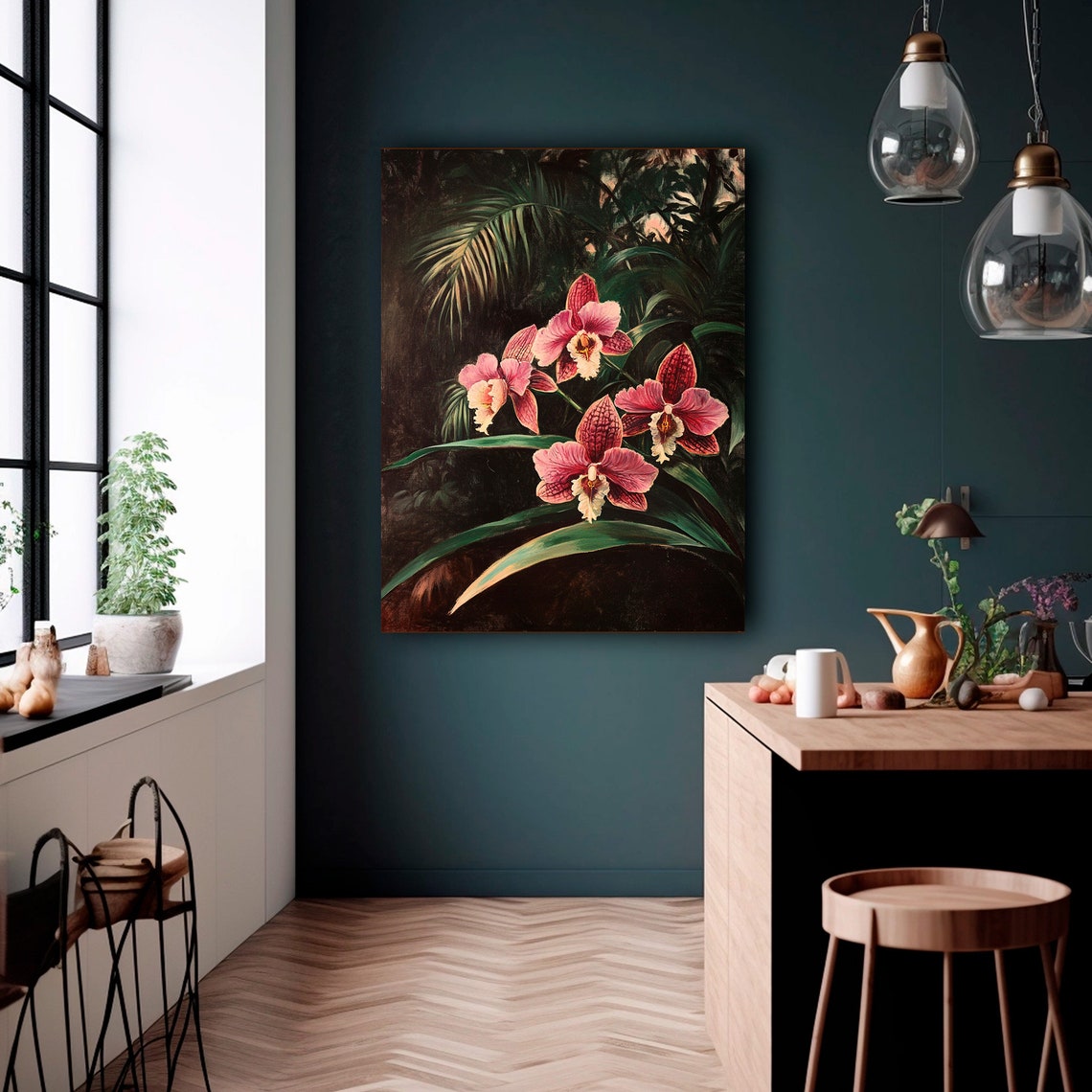 Pink Orchid Blooms Dark Jungle Botanical Painting Decor Poster - Image 3