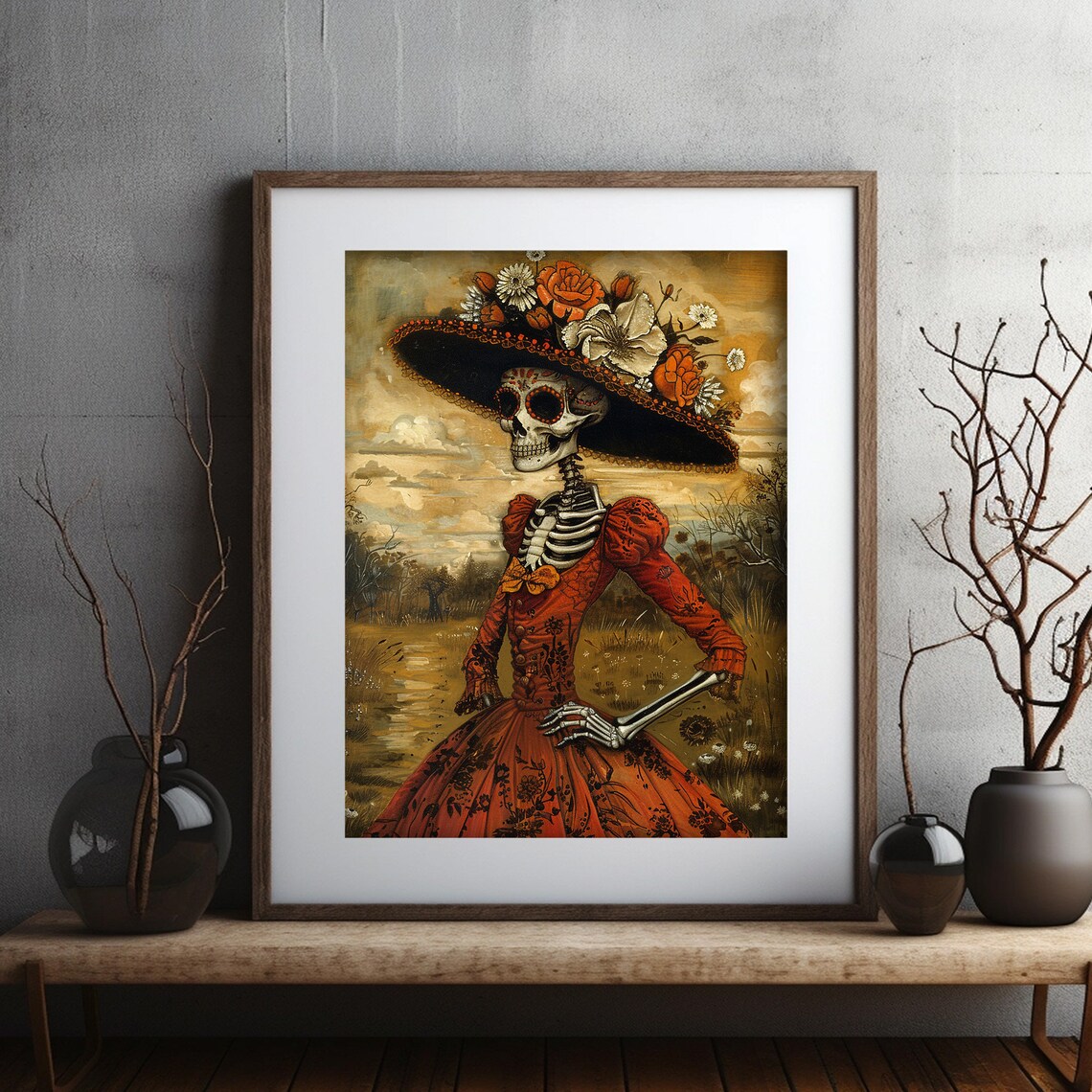 Dia De Los Muertos Catrina Skeleton Red Dress Mexican Folk Art Poster - Image 6