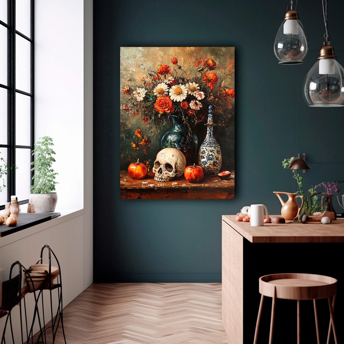 Gothic Skull Flower Still Life Vanitas Oil Painting Art Print - Image 2