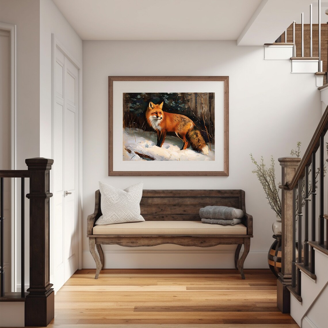 Red Fox Standing In Snow Winter Forest Wildlife Oil Painting Poster - Image 2