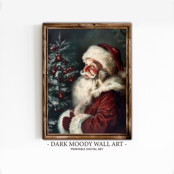 Vintage Santa Claus Red Coat Snowy Christmas Tree Holiday Wall Art