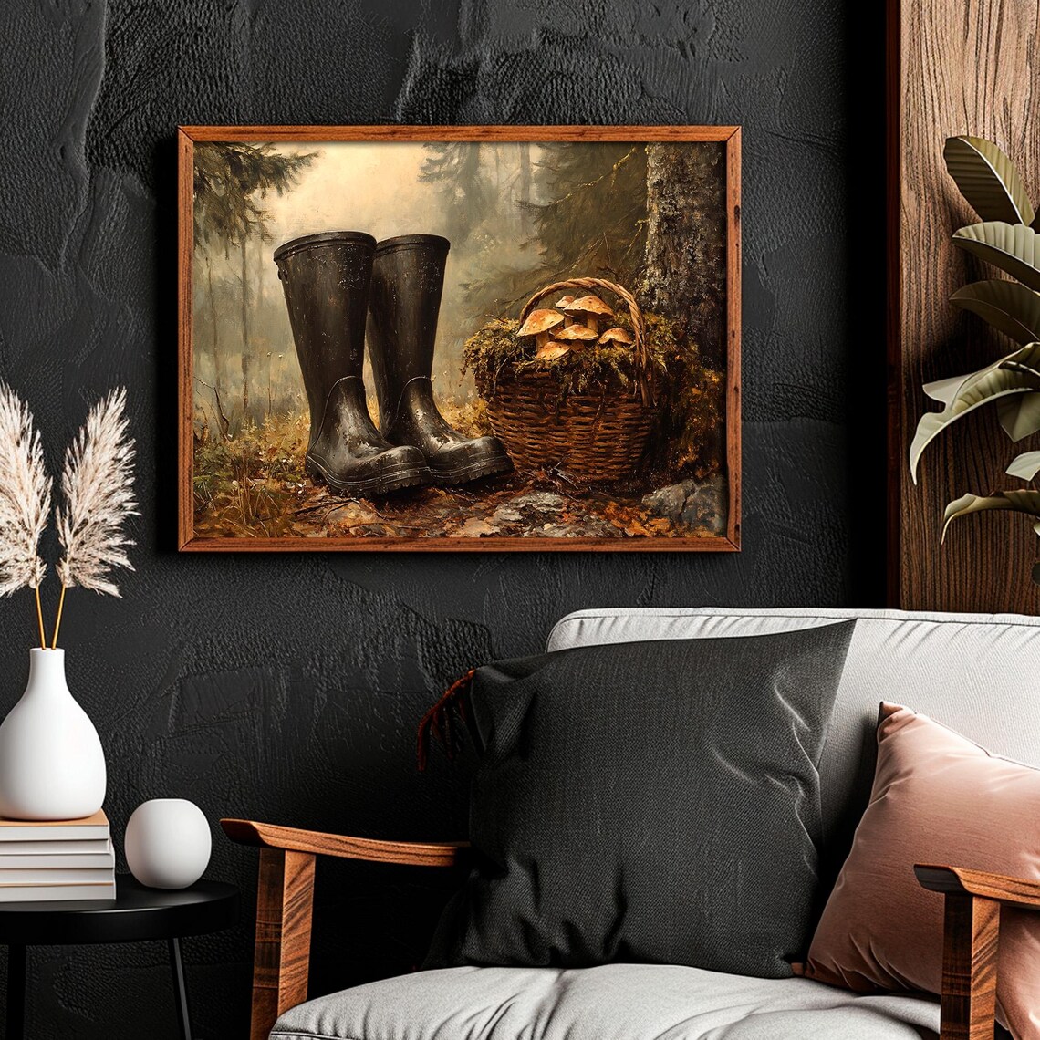 Black Rain Boots and Mushroom Basket in Misty Autumn Woods Vintage Poster - Image 4