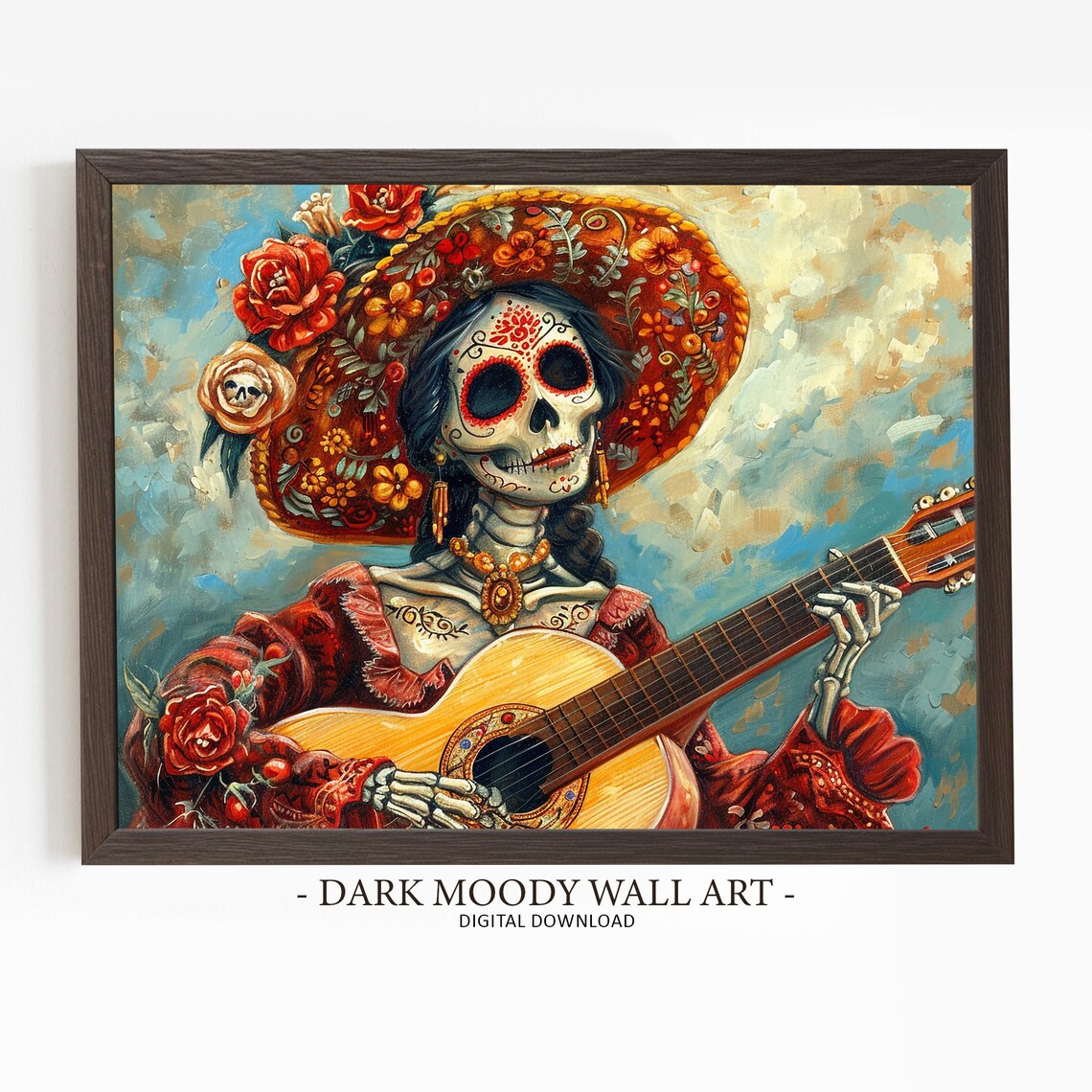 Catrina Skeleton Woman Guitar Red Dress Sombrero Folk Art Poster