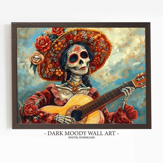 Catrina Skeleton Woman Guitar Red Dress Sombrero Folk Art Poster