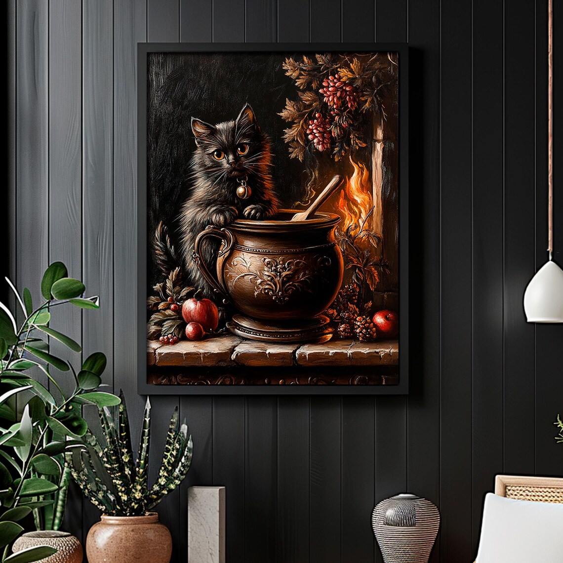 Black Cat in Witch Cauldron Copper Pot Autumn Berries Spooky Halloween Poster - Image 6