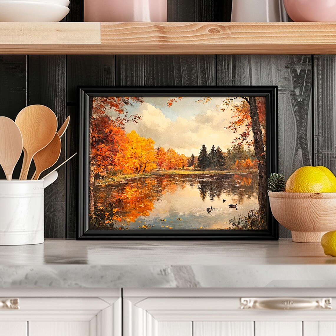 Autumn Lake With Ducks Fiery Fall Foliage Reflection Landscape Painting Poster - Image 5