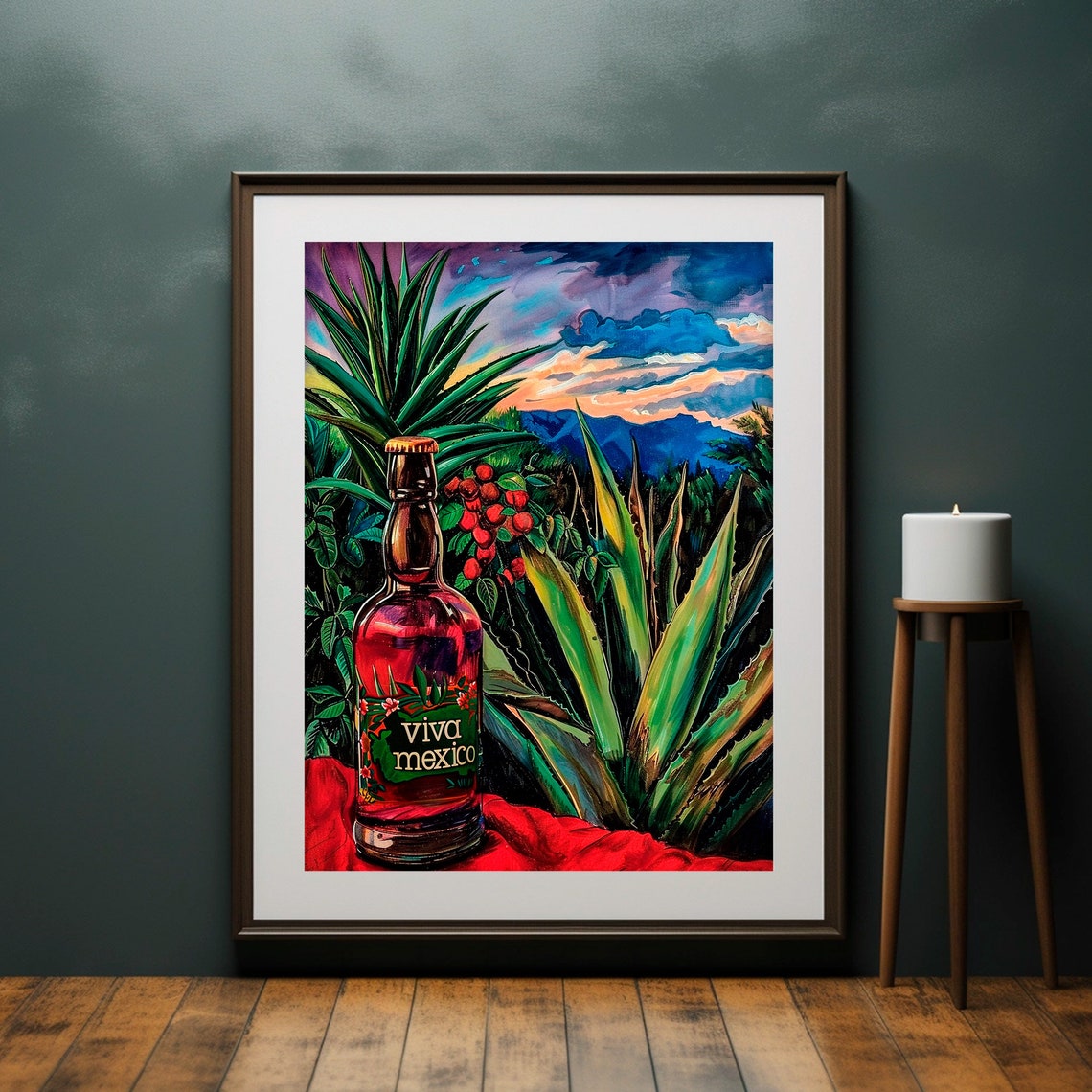 Viva Mexico Tequila Bottle Agave Field Sunset Colorful Art Poster - Image 4