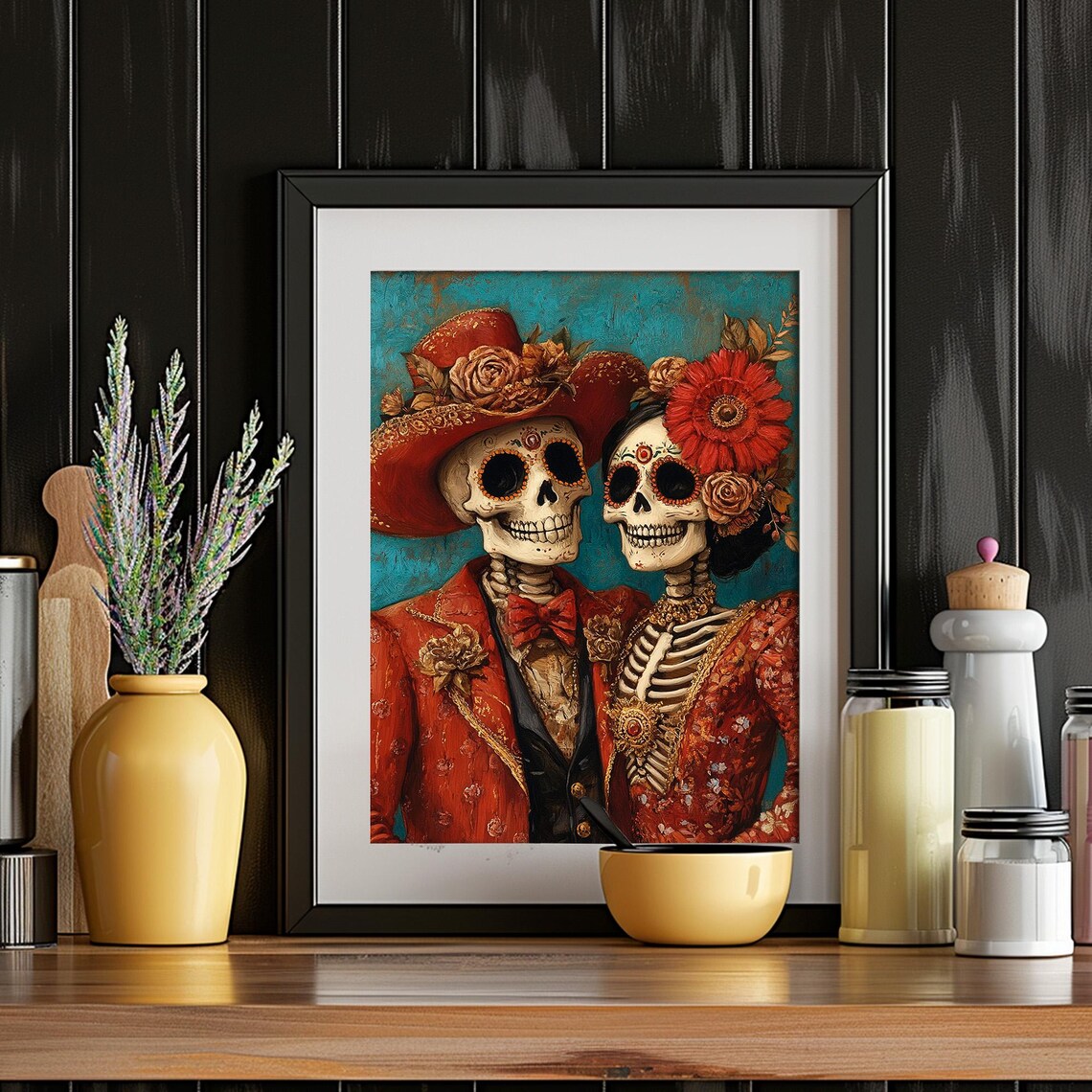 Day of the Dead Skeleton Couple Red Suits Teal Sugar Skull Portrait Painting Poster - Image 6