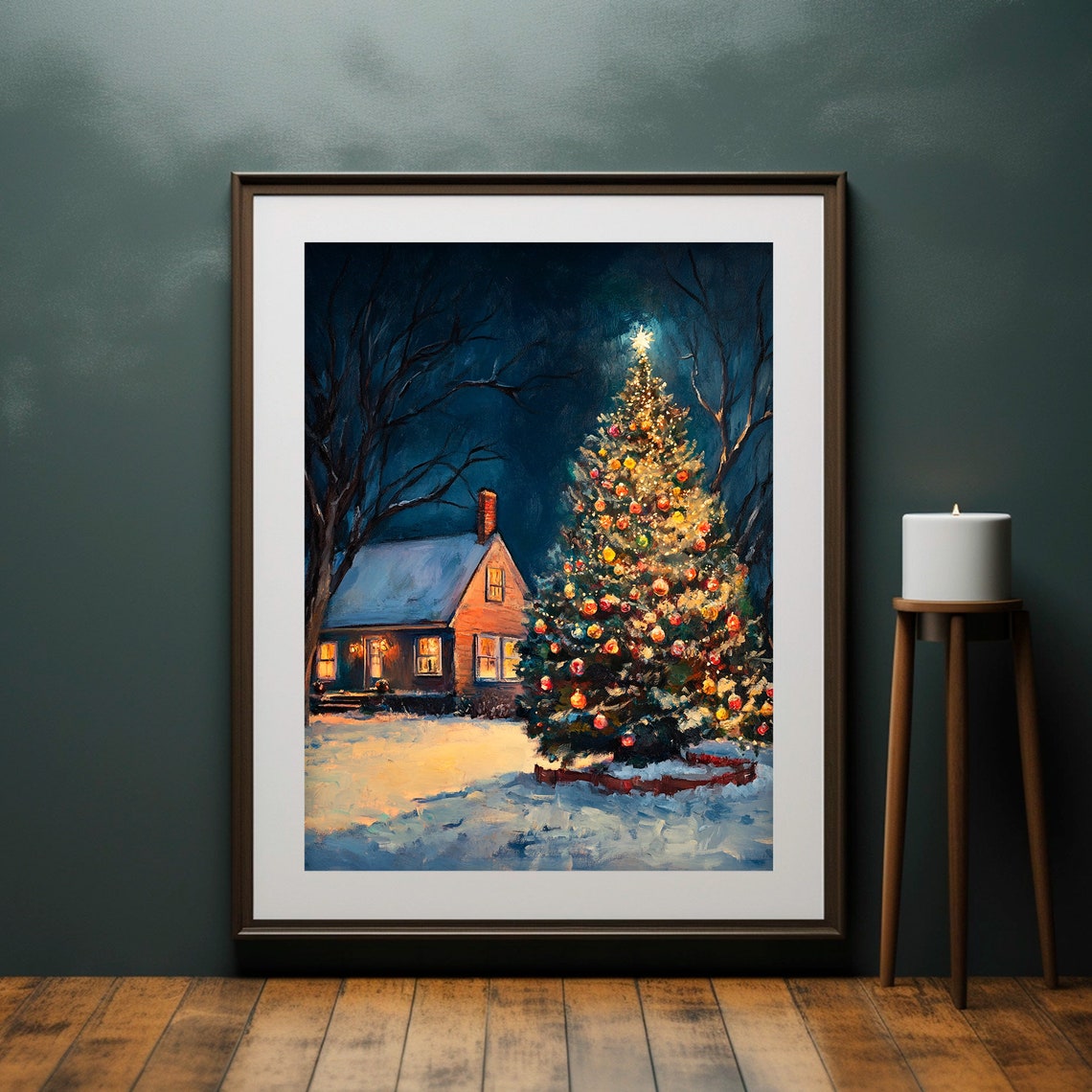 Outdoor Christmas Tree Glowing Beside Cottage Night Art Print - Image 2
