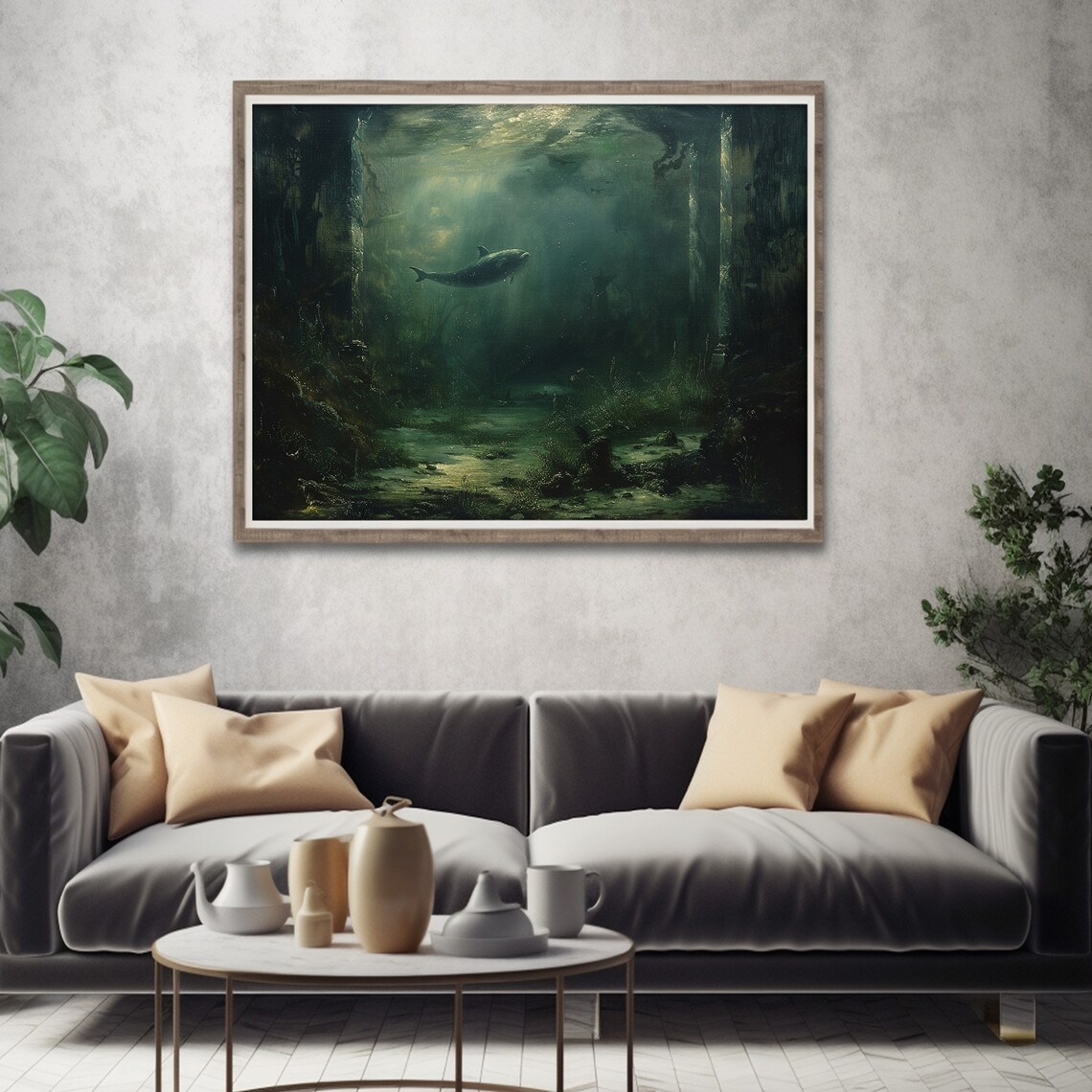 Ocean Underwater Seascape, Dolphin Painting - Image 2