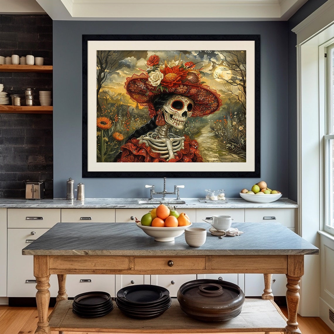 Catrina Red Flower Hat Moonlit Garden Dia de los Muertos Poster - Image 4