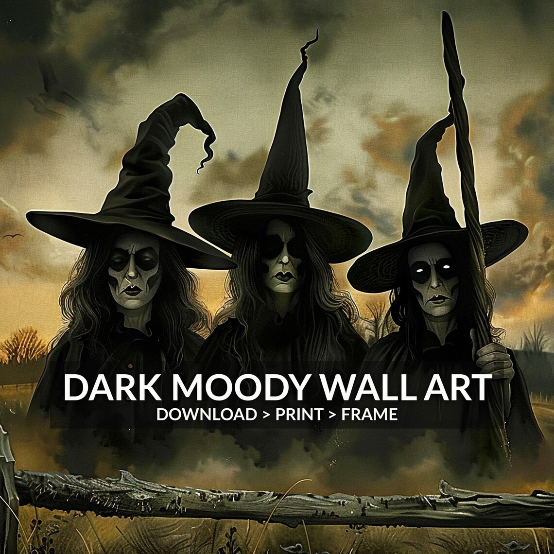 Three Witches Spooky Halloween Painting Dark Stormy Sky Portrait Poster - Image 4