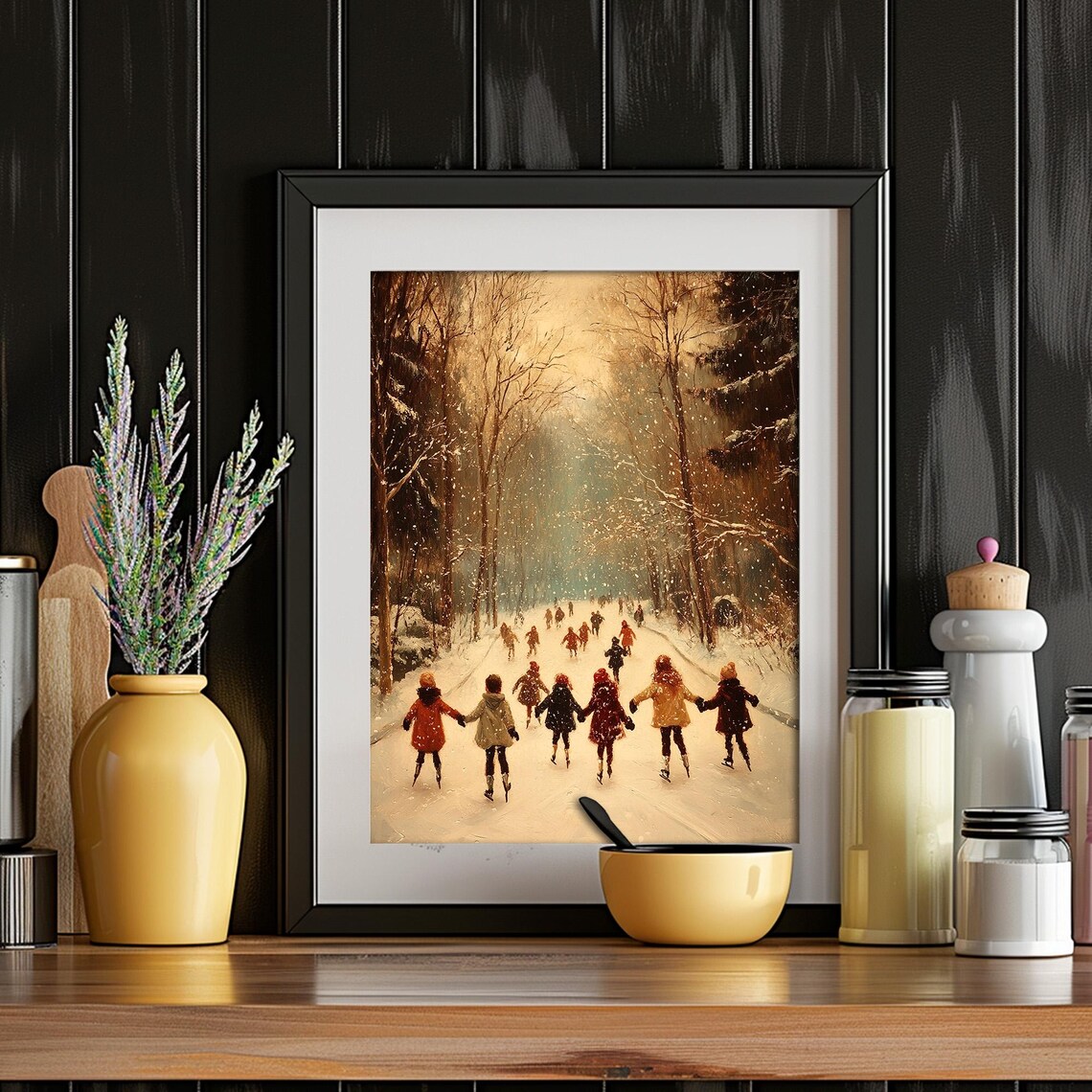 Children Ice Skating On Frozen Forest Pond Winter Painting Wall Art - Image 5