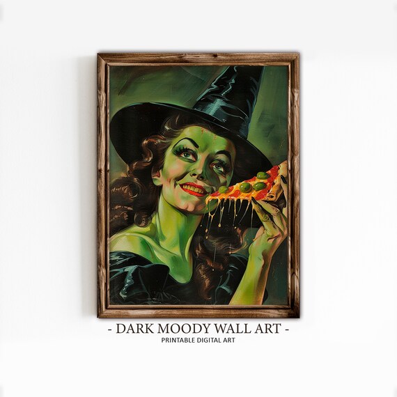 Green Witch Eating Pizza Funny Retro Halloween Pinup Art Print