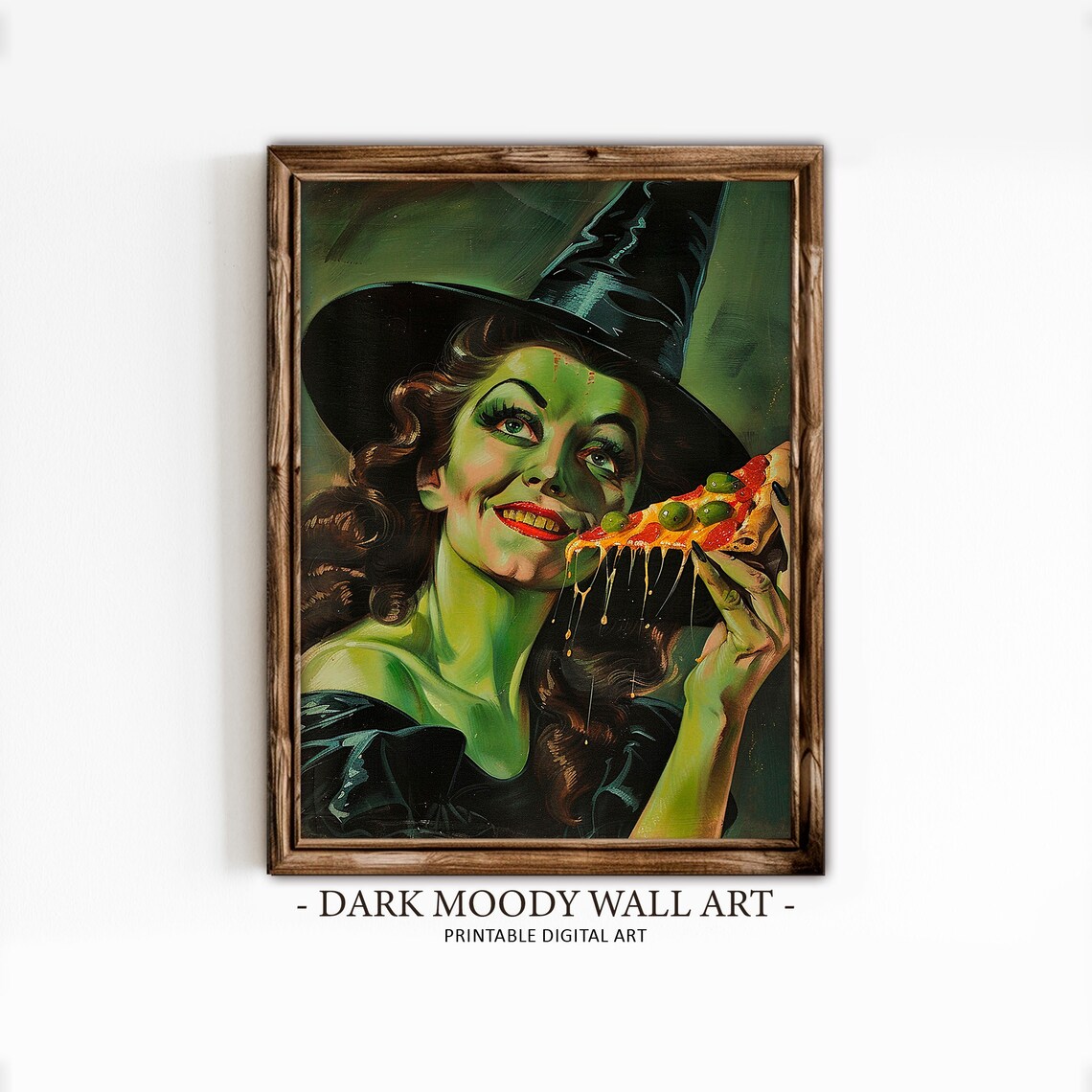 Green Witch Eating Pizza Funny Retro Halloween Pinup Art Print