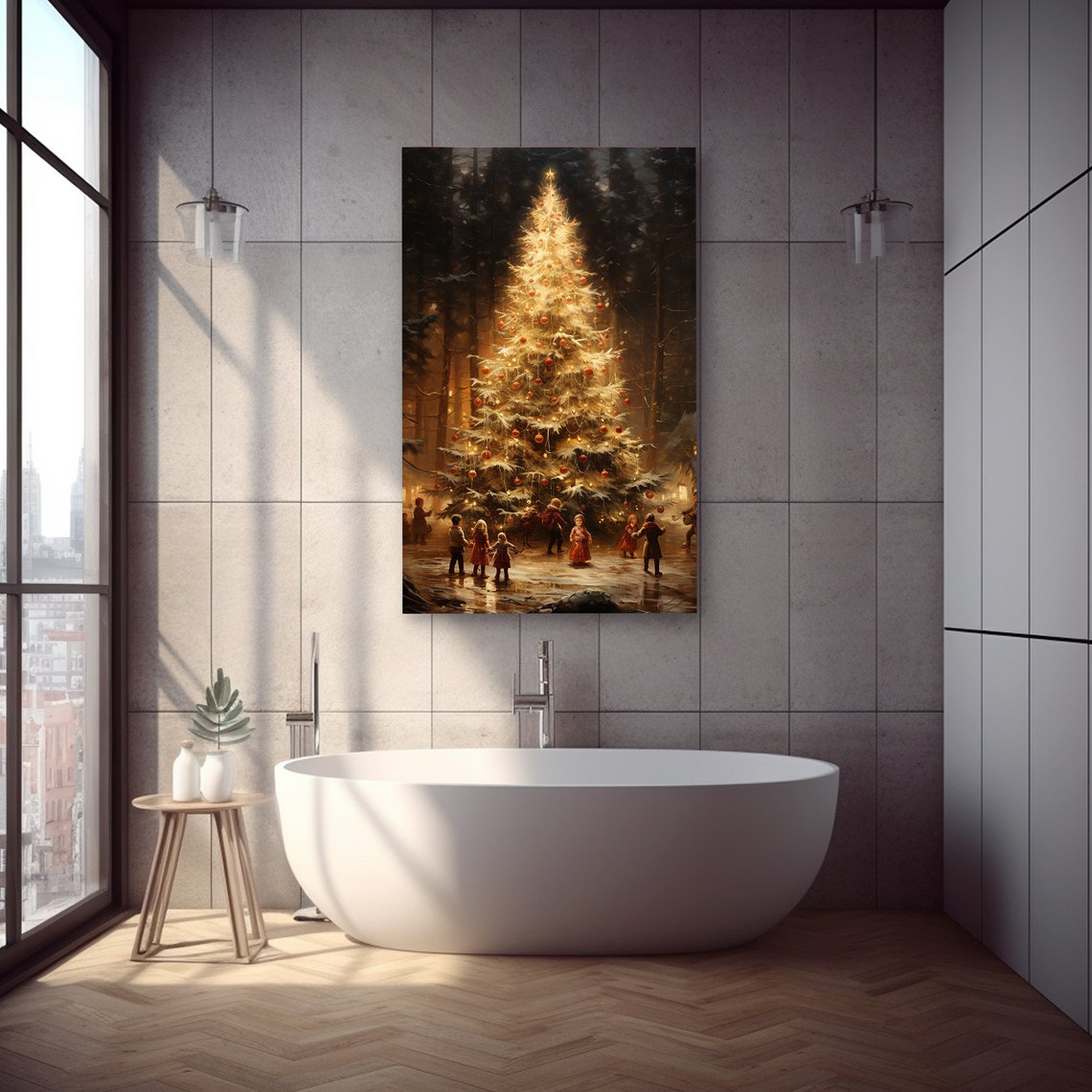 Victorian Christmas Tree Children Snowy Forest Painting Poster - Image 2