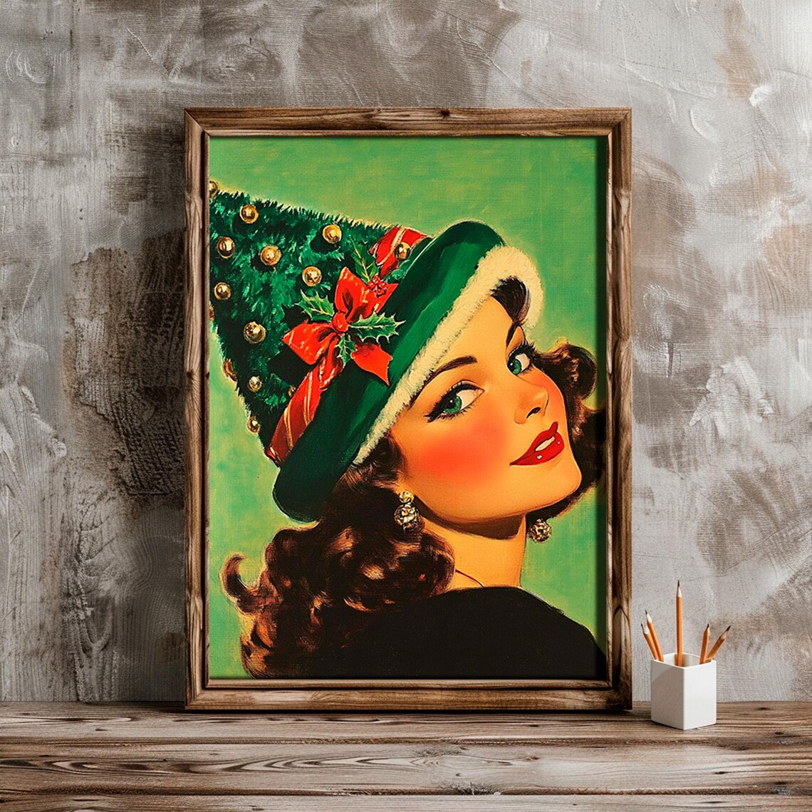 Retro Christmas Pin Up Woman Tree Hat Vintage Art Style Poster - Image 5