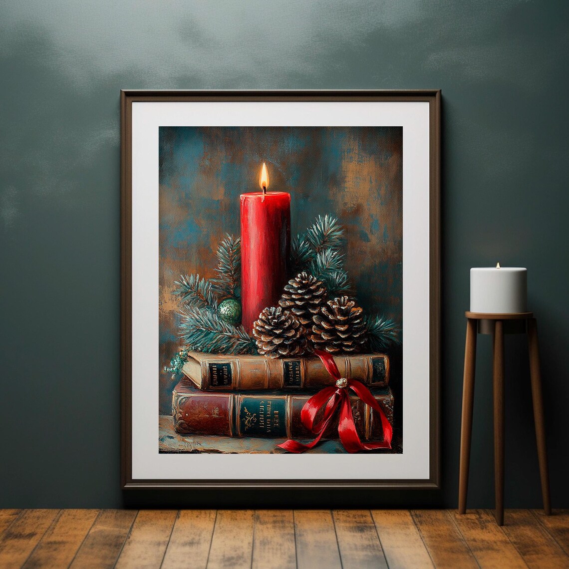 Red Candle With Pine Cones on Vintage Books Christmas Wall Art - Image 2