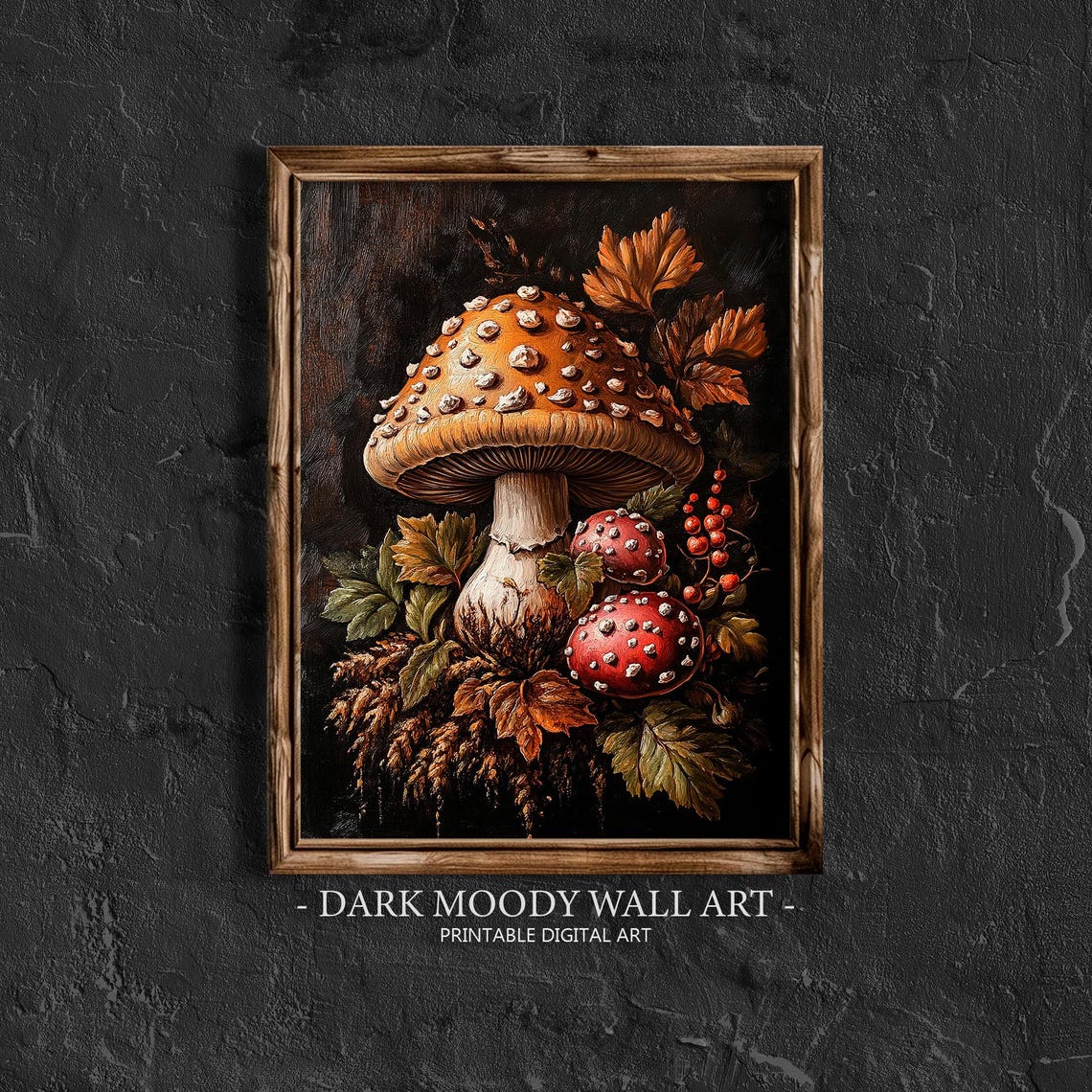 Fly Agaric Mushroom Dark Autumn Forest Botanical Art Scene Poster