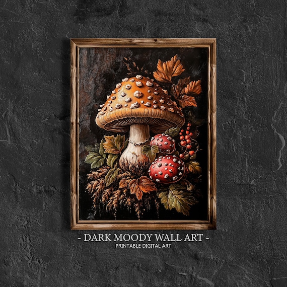 Fly Agaric Mushroom Dark Autumn Forest Botanical Art Scene Poster