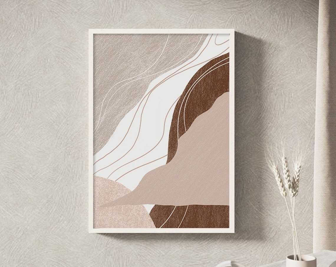 Brown Beige Flowing Waves Abstract Water Lines Modern Wall Print