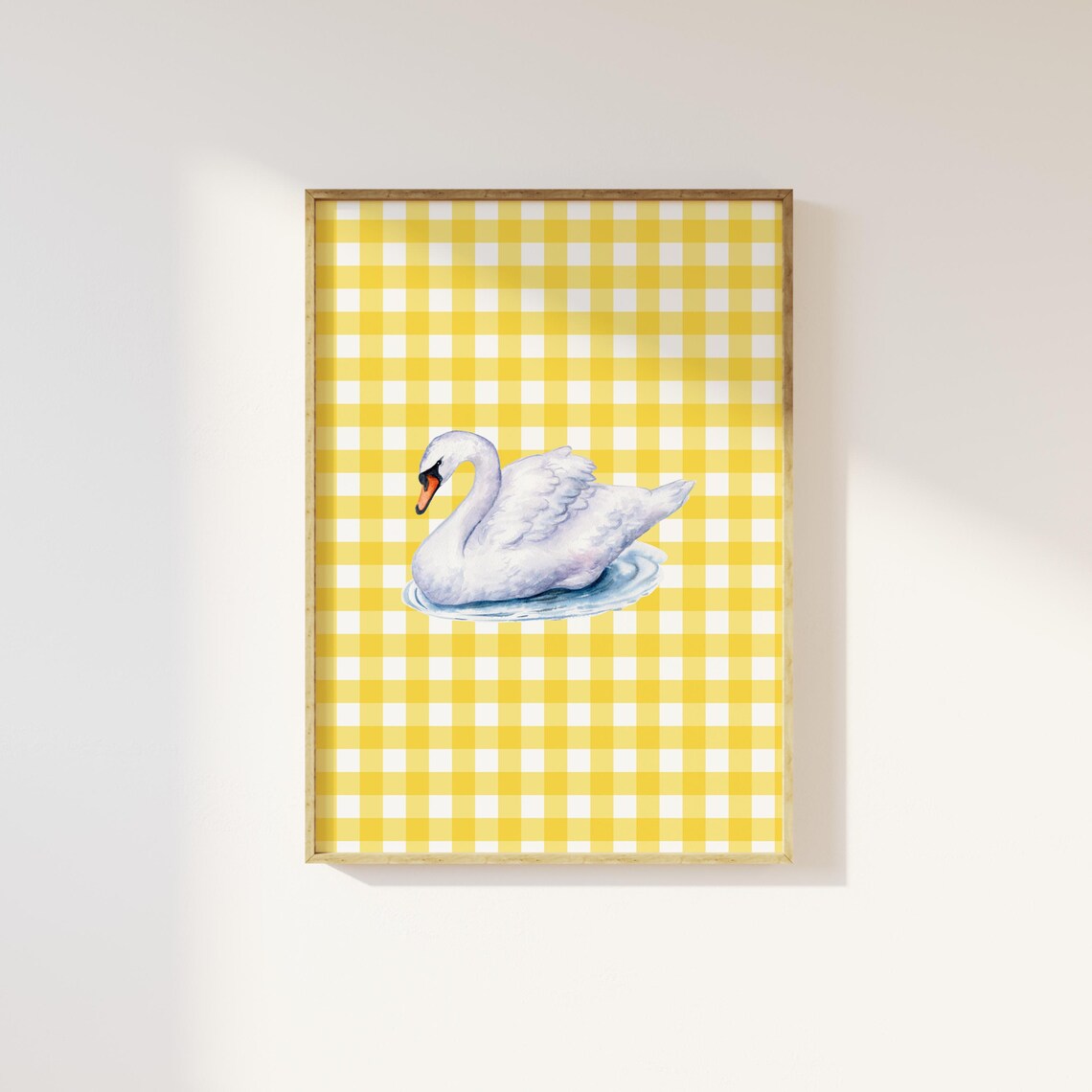White Swan Yellow Gingham Cute Preppy Coquette Dorm Room Poster