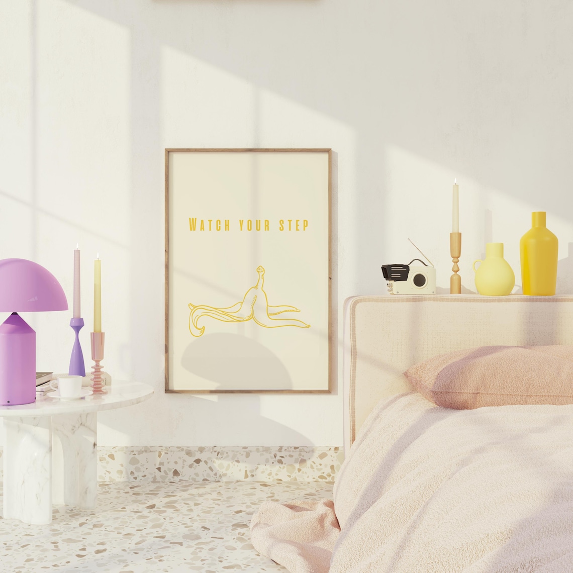 Watch Your Step Funny Banana Peel Yellow Minimalist Kitchen Poster - Image 3